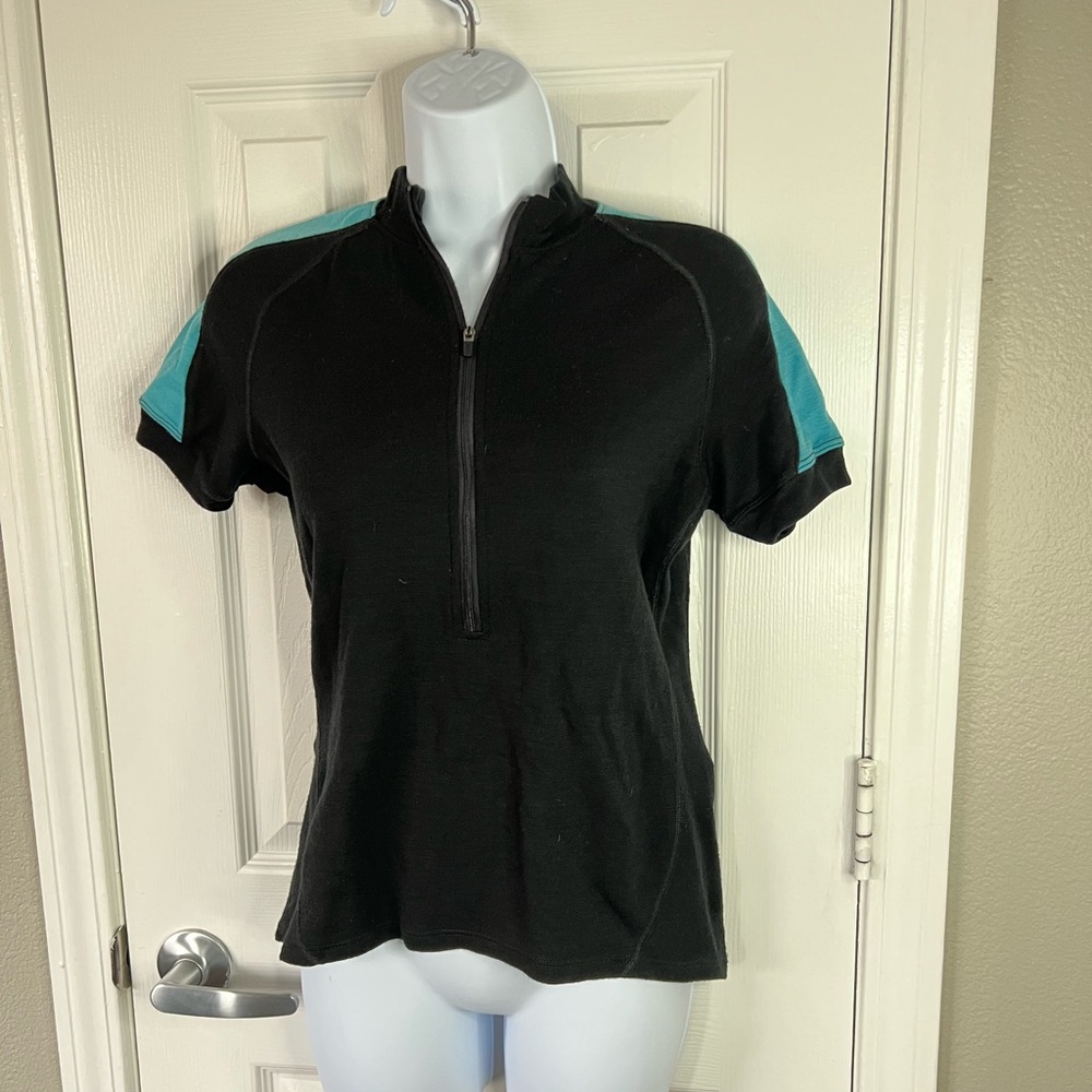 Ibex women’s wool half zip short sleeve cycling shirt medium black turquoise